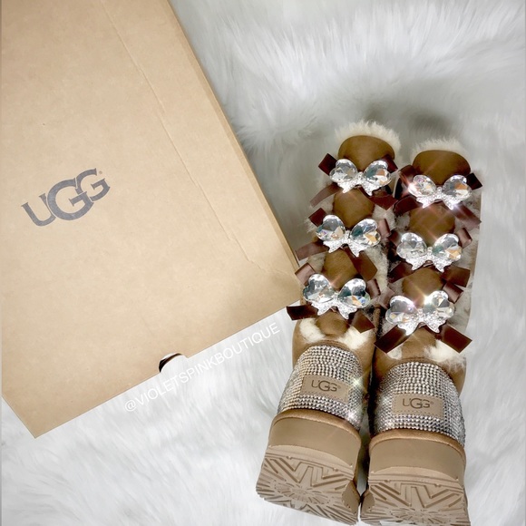 Womens custom bling crystal Bailey bow tall Ugg boots with Swarovski crystals - Picture 4 of 7